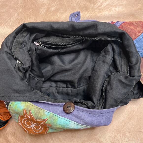 Multicolor Distressed Patchwork Embroidered Owl Tote Bag Tie Dye Tapestry Boho - Picture 6 of 8